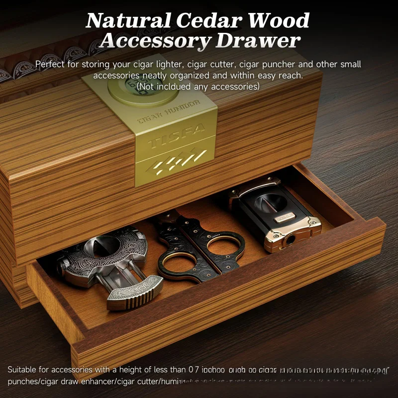 Фото Хьюмидор для сигар с гигрометром и увлажнителем, кедровый деревянный футляр с ящиком, разделителем, измерителем длины, настольный хьюмидор в подарок. №3