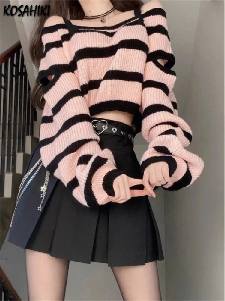 

Y2k Aesthetic Harajuku Women Cropped Sweater Fashion Striped Loose Pull Femme Off Shoulder Casual Grunge Knitted Femme Chandails