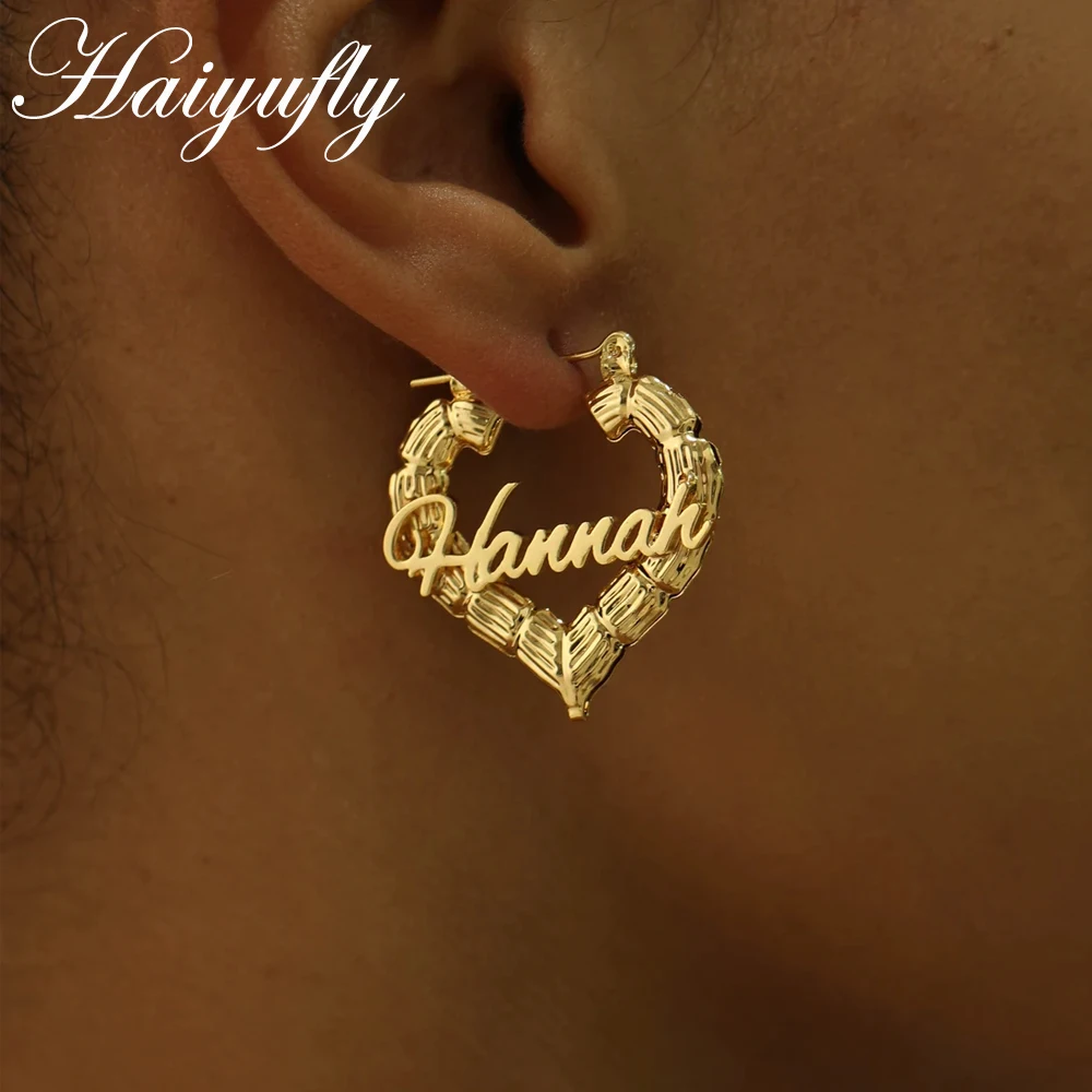 Haiyufly индивидуальное имя сердце Бамбуковые серьги для женщин девушек нержавеющая