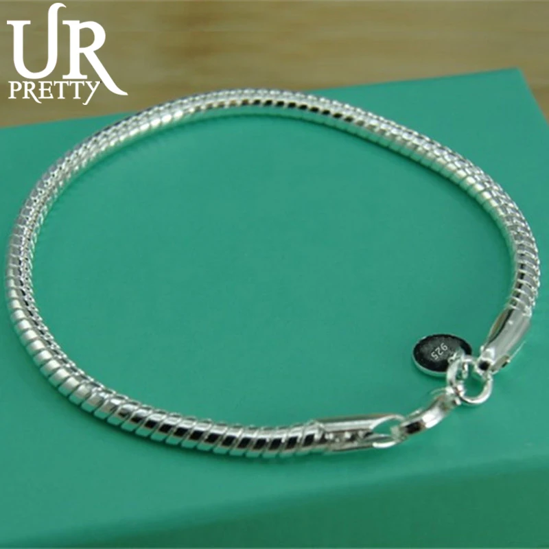 

URPRETTY New 925 Sterling Silver 3mm Snake Chain Basis Bracelet For Woman Charm Wedding Engagement Fashion Party Jewelry Gift