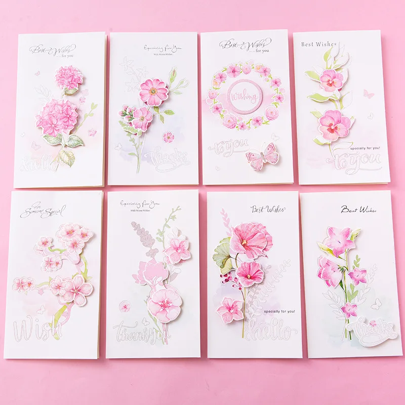 

8Pcs Pink Flowers Best Wishes Cards Wedding Party Invitation Greeting Cards With Envelopes For Holidays Postcard Folding Cards