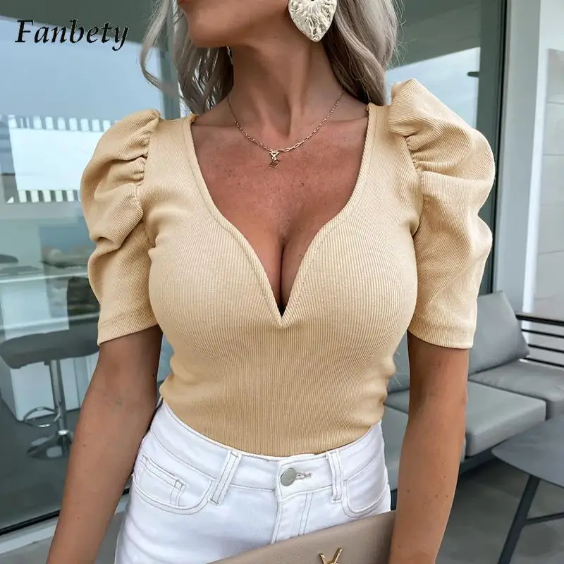 

Элегантная однотонная блузка с пышными короткими рукавами, рубашки, женский модный пуловер с V-образным вырезом, топы, женские летние повсед...