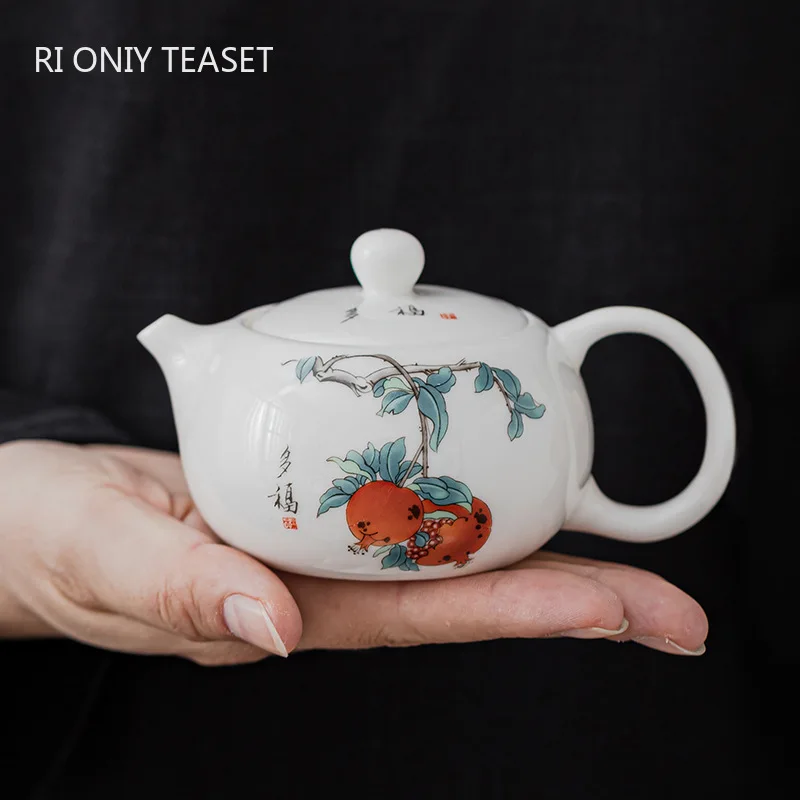

120ml Exquisite Suet Jade Ceramic Teapots Hand Painted Fruit Pattern Tea Pot Travel Portable Kettle Chinese Handmade Tea Set