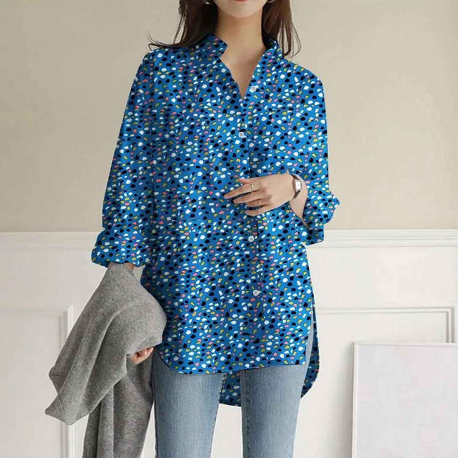 

Женская хлопковая рубашка в горошек, свободная рубашка с воротником-стойкой, пуговицами и длинным рукавом, топ с V-образным вырезом для женщ...