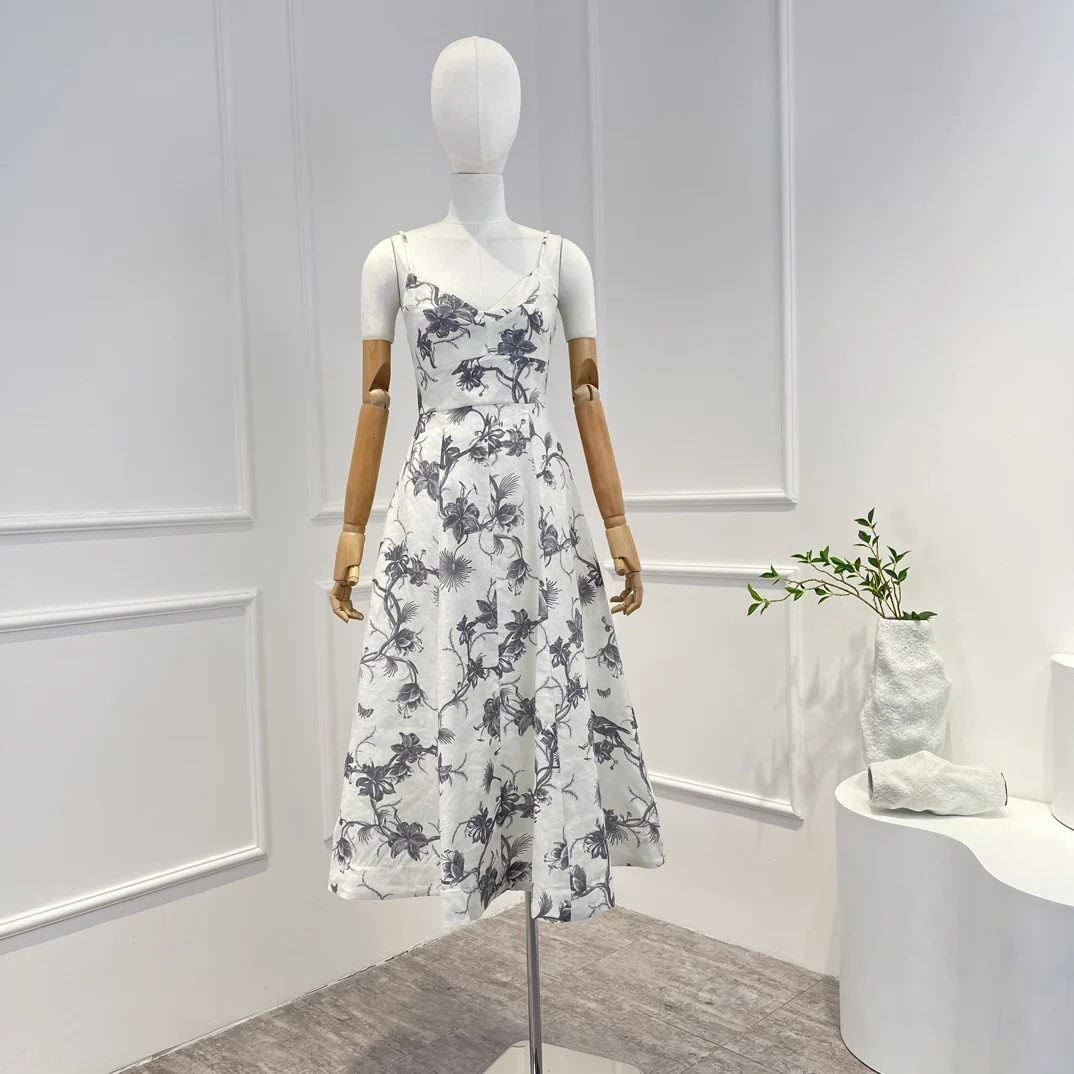 

2023 весенние высококачественные льняные праздничные Стильные пляжные платья средней длины с цветочным принтом