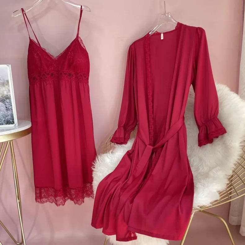 

Ice Silk Long Sleeve Robe Nightgown Women Sexy Solid Color V Neck Lace Home Dress Chest Pad Loose Home Clothing Night Dress