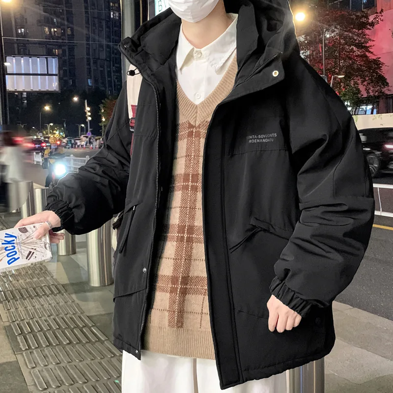 

2023 Winter Down Jacket New Men Streetwear Clothes Teenager Black Fashion Hooded Down Jacket Male Windproof Thick Warm Coat