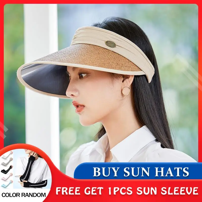 

[PTAH] Summer Empty Top Suncap Portable Beach Hat Wide Brim Women Sun Hat Fashion Casual Straw Cap Visors UV Protection UPF 50+
