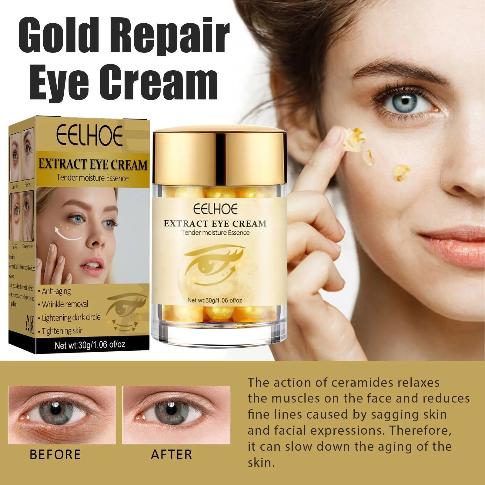 

30g Gold Repair Eye Cream Moisturizing Anti Puffiness Anti Dark Care Remove Wrinkle Cream Circle Anti-Aging Eye Q4R4