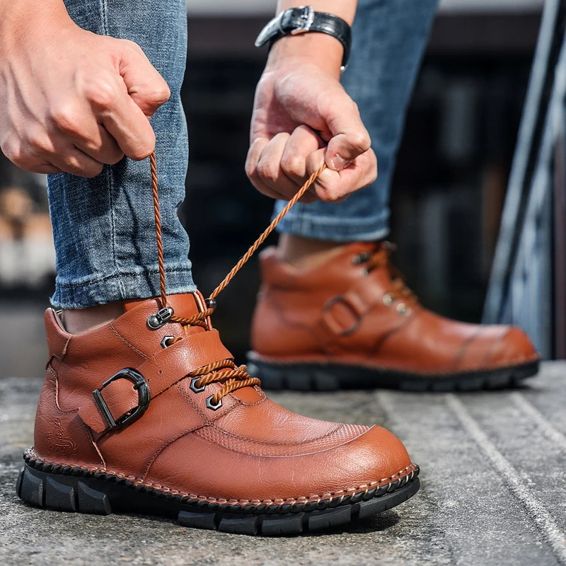 HIKEUP Men's Hiking Shoes Martin Boots Two-layer Cowhide Outdoor Rock Climbing Shoes Plus Size Toe Safety Men's Sneakers