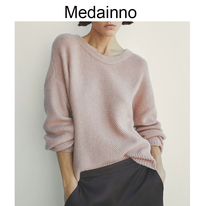 

Medainno 2022 новый осенне-зимний модный Женский вязаный свитер с круглым вырезом с обратной спинкой однотонный пуловер повседневные Простые Жен...