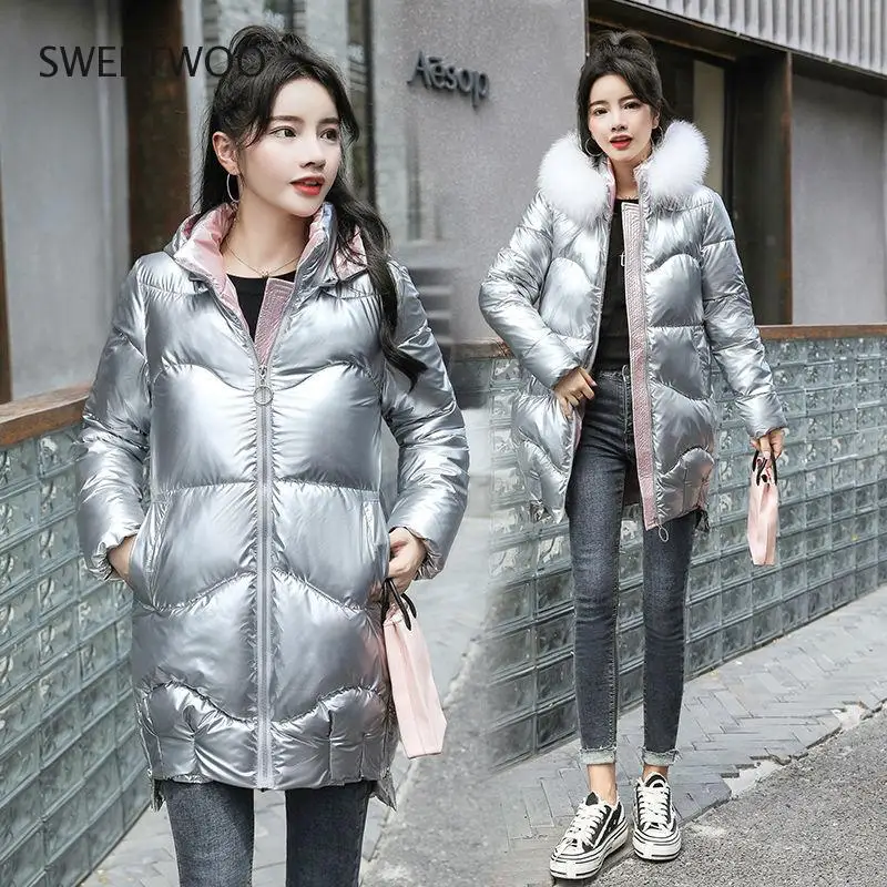 2021 Winter Jacket Women's Parkas Hooded Big Fur Collar Down Cotton Jacket Glossy Long Parka Thick Padded Female Casual Outwear
