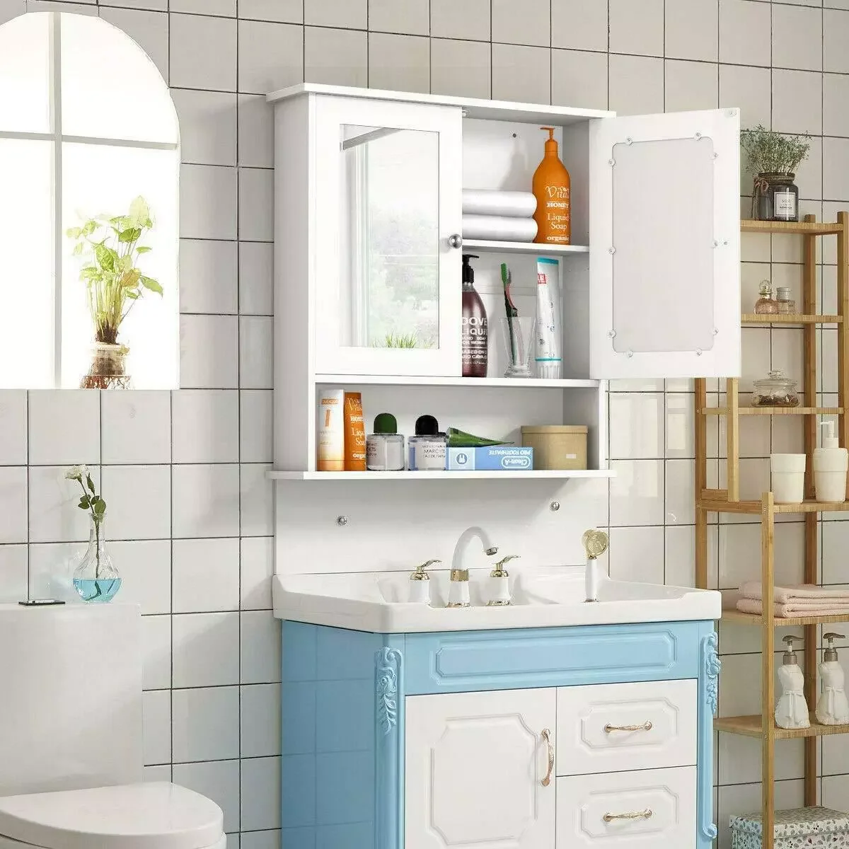 

Wooden Bathroom Wall Mount Medicine Cabinet with Mirror Doors Adjustable Shelf