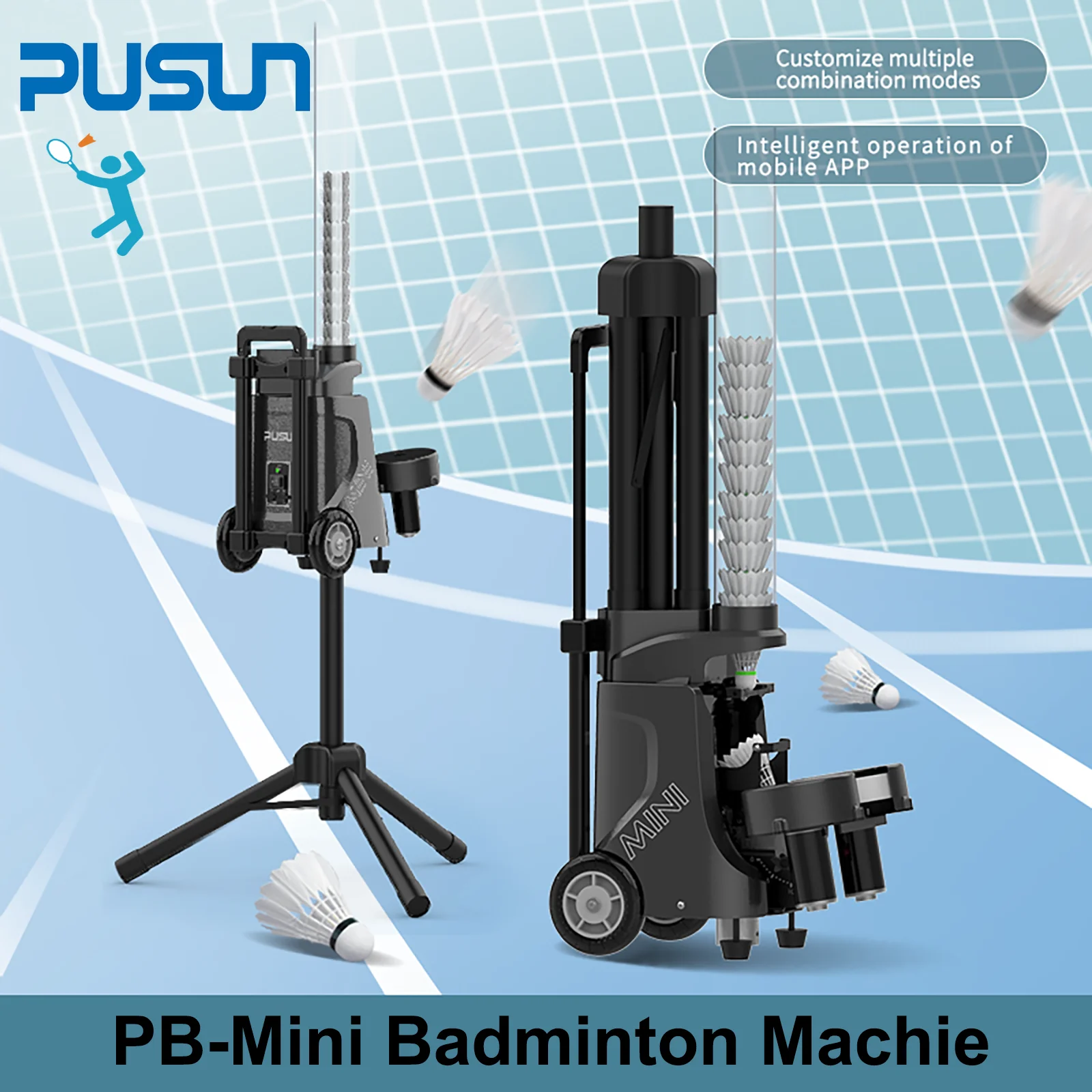 Фото Машина для бадминтона, тренажеры PUSUN PB-Mini Shuttlecocks, емкость 50 + мяч, срок службы батареи 6–8 часов, интеллектуальное управление через приложение №1