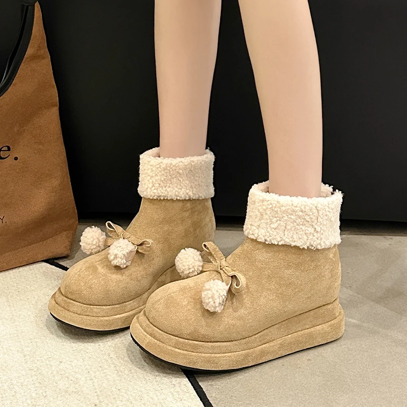 

Bow Suede Ankle Women Snow Boots Fur Flats Platform Winter 2024 New Warm Cotton Shoes Fad Short Plush Women Botas Cozy Casual