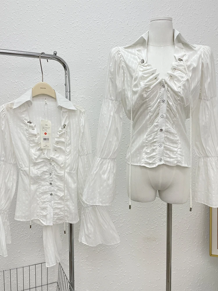 

Блузка женская шифоновая в готическом стиле, плиссированная приталенная мягкая рубашка с завязкой, с расклешенным рукавом, белая в стиле Харадзюку, Y2K