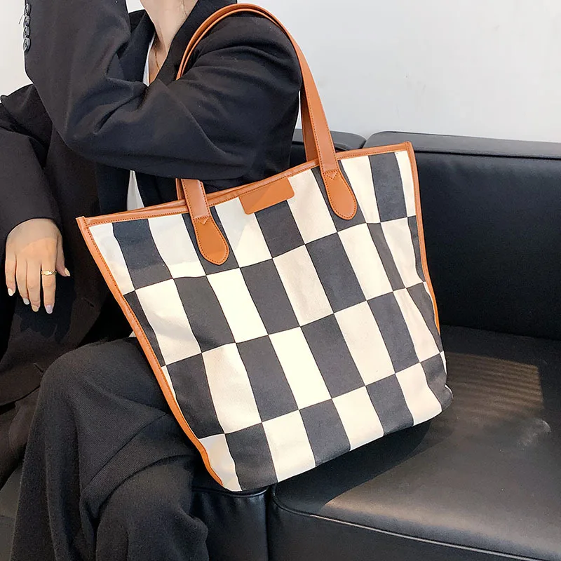 

Women New Canvas Tote Chequer Chess Pattern Extra Big Shoulder Bag Books Handbag Grocery Eco Cotton Shopping Bags for Ladies
