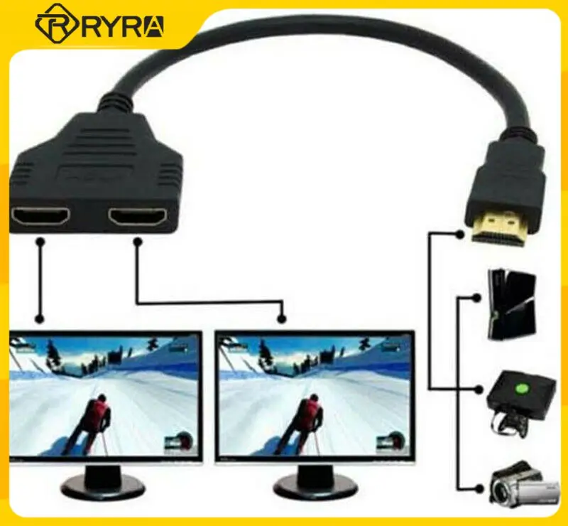 RYRA HDMI Splitter 1 Input Male To 2 Output Female Port Cable Adapter Converter 1080P For Videos Games Multimedia Devices