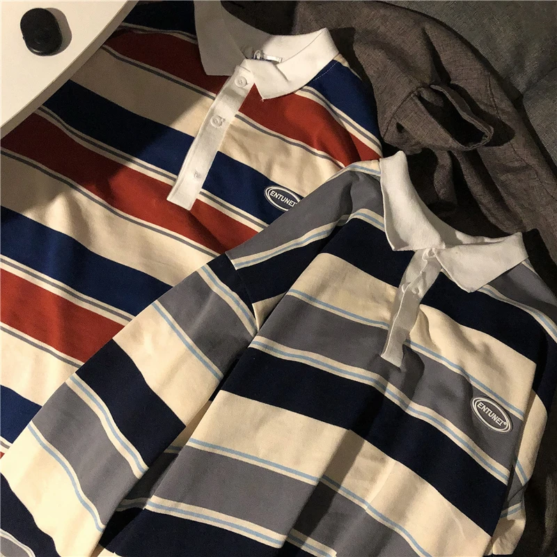 

GBB0517 Korean version 2022 new loose medium length polo collar stripe salt series hoodless popular long sleeve sweater