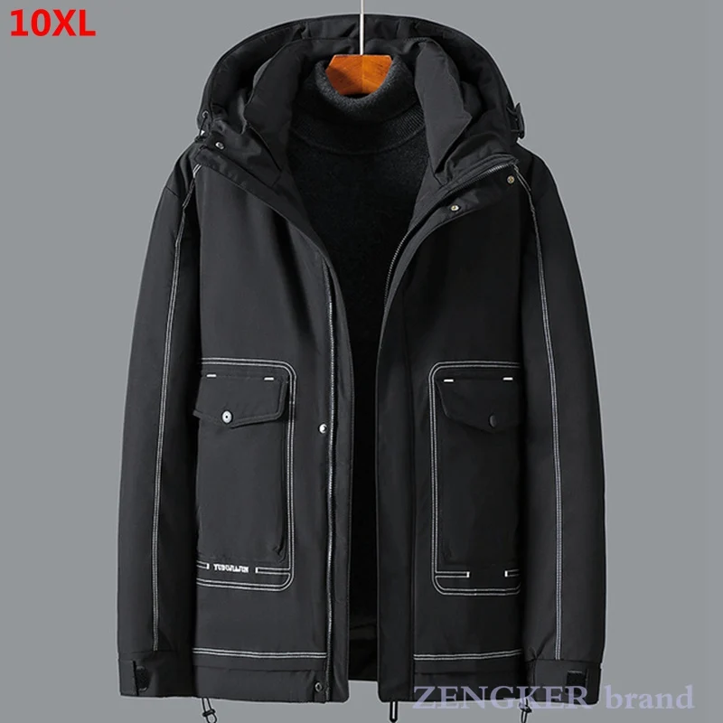 

New winter men's big pockets plus size casual thick coat tide brand trendy cotton coat black 10XL 11XL jacket winter