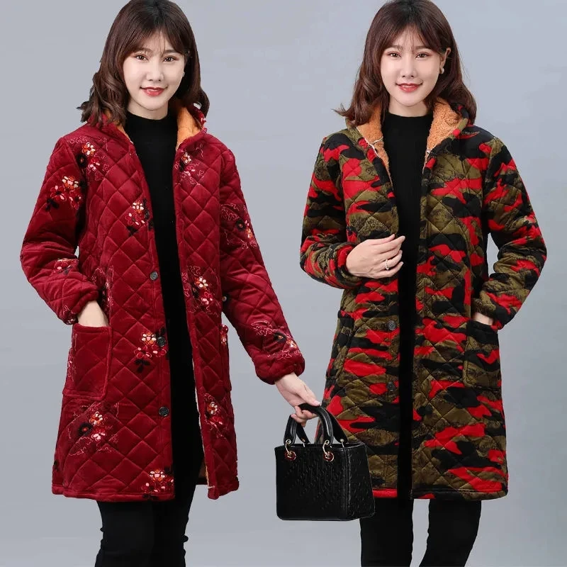 Parkas Women Plus Velvet Thick Middle-aged Elderly Mother Wear Long Padded Coat Female Large Size Hooded Warm Down Cotton Jacket