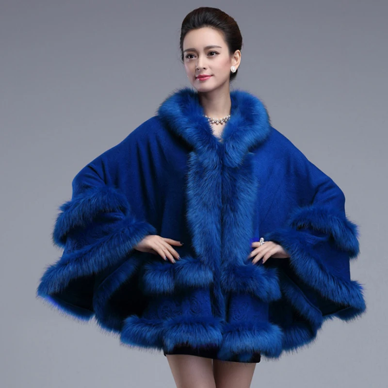 

M GIRLS EuropeStyle Fashion Double Fox Fur Coat Cape Hooded Knit Cloak Cardigan Outwear Plus Size Women Winter New Shawl 1.1kg