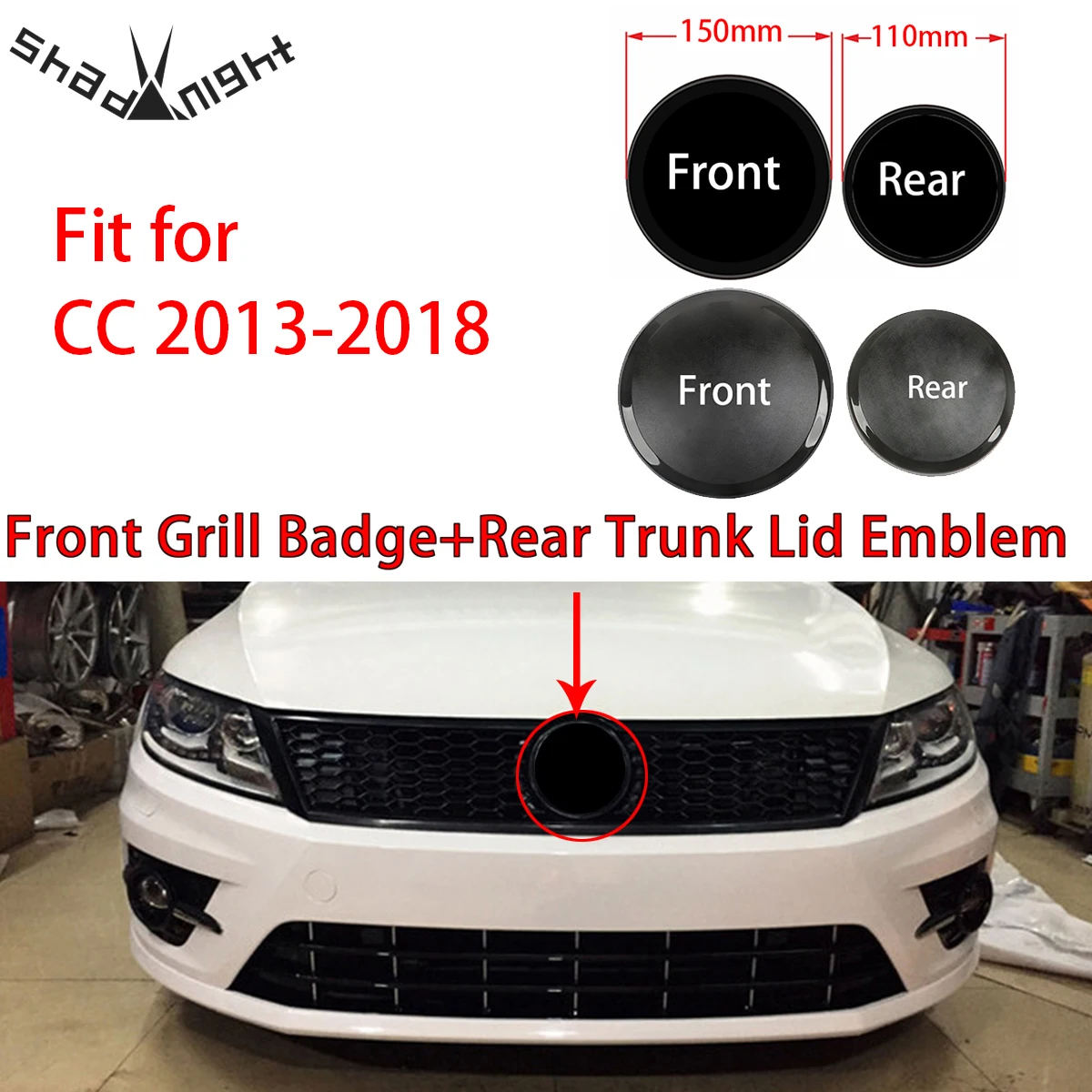 

2PC Gloss Black 150mm Front Grill Badge + 110mm Rear Trunk Lid Emblem Car Logo Fit for CC 2013-2018