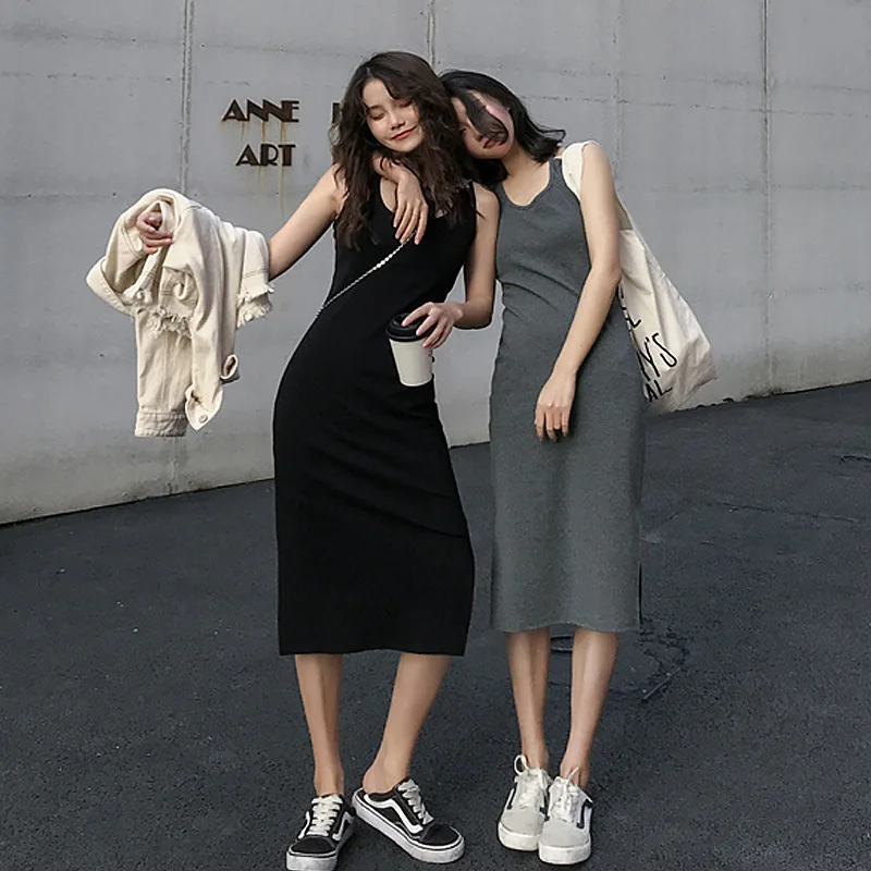 

Платье женское трикотажное до колен, элегантное однотонное платье на бретелях-спагетти, с круглым вырезом, в Корейском стиле, на лето