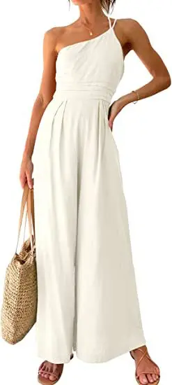 Summer Women's Jumpsuit Single Strap Pleated High Waist Casual Wide Leg Full Length Jump Suits Enterizos Para Mujer Bodysuits