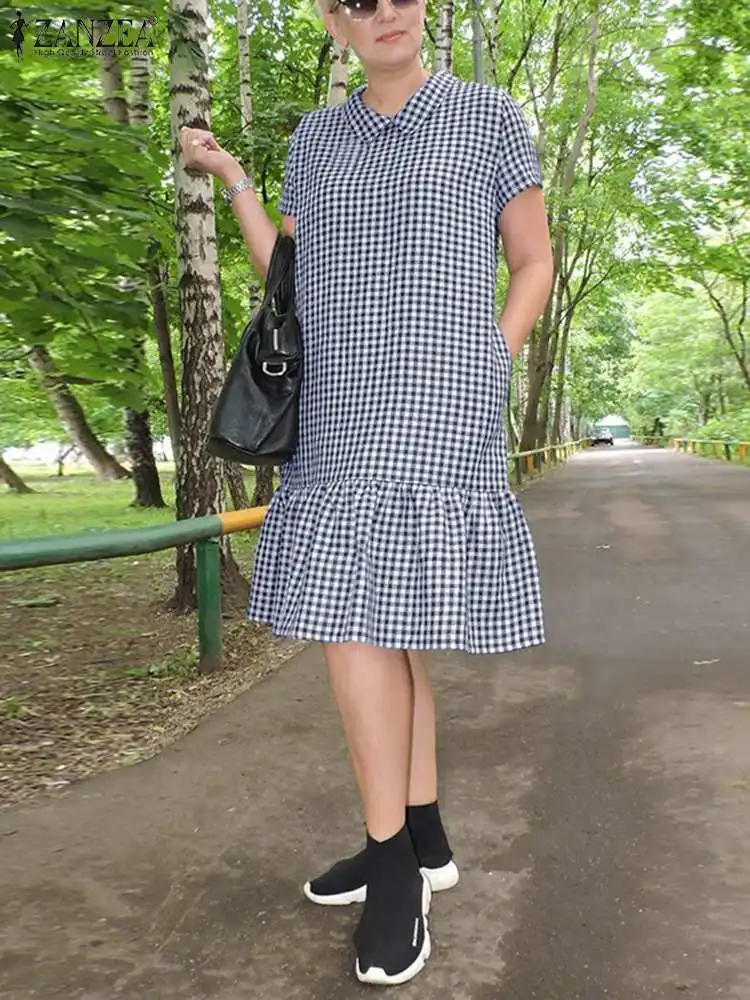 

Платье ZANZEA женское с рисунком в богемном стиле, модное платье средней длины с отложным воротником и оборками на подоле, офисная одежда, лето