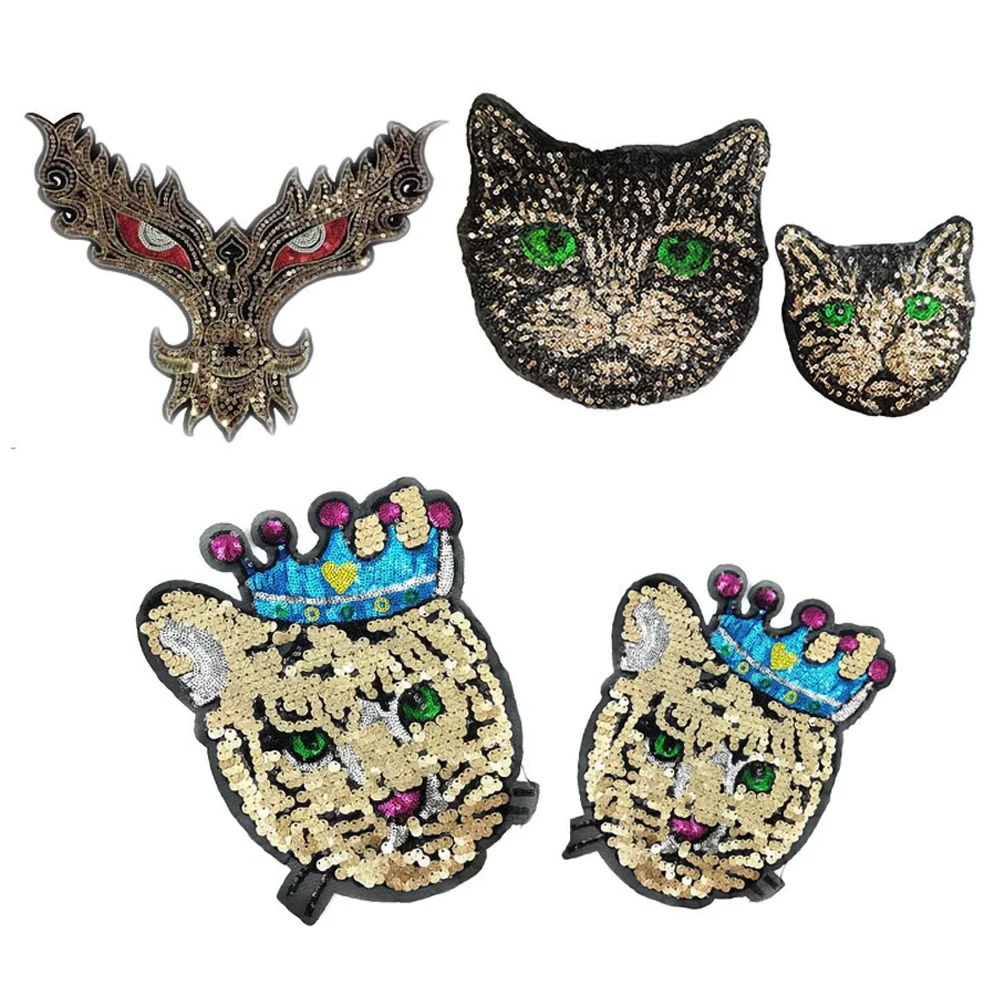 

Cat Sequin Patch DIY Clothing Ornament tiger eagle Embroidered Clothes Stickers for Jacket Bag Sew on Patches