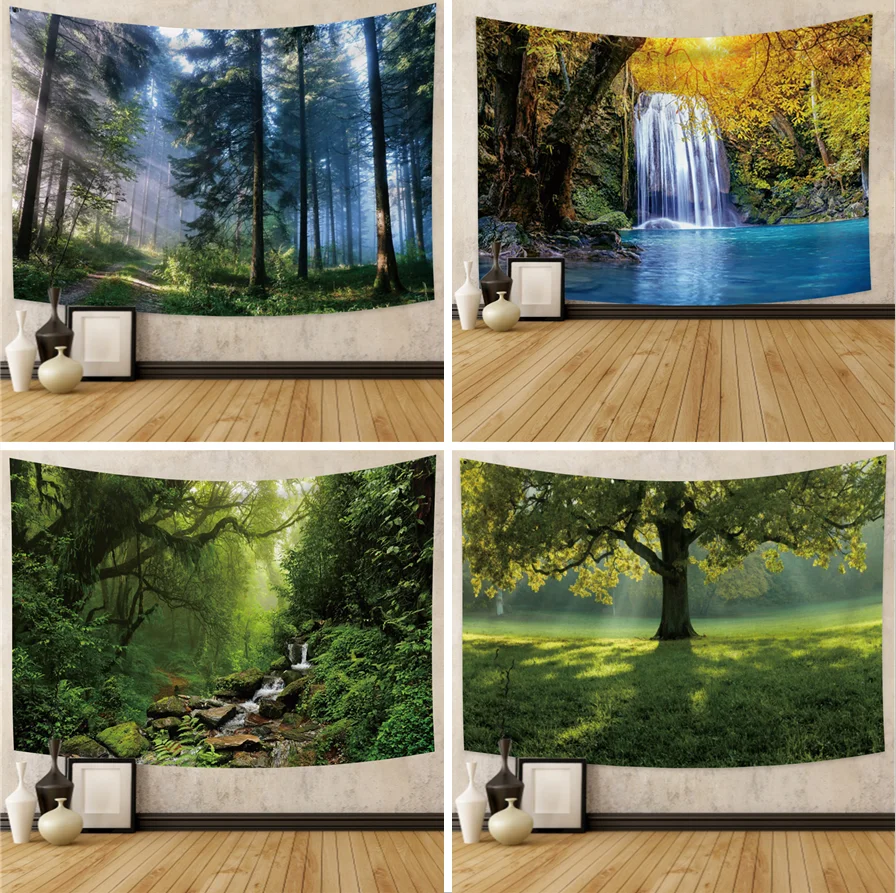 

Laeacco Natural Jungle Forest Scenery Tapestry Green Tree Waterfall Wall Hanging Carpets Home Living Room Sofa Wall Cover Decor