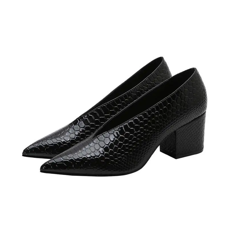 

2023 Retro Black Pu Leather Women Pointed Toes High Heels Shallow Chunky Heels Thin Heels Spring Autumn Slip on Pumps