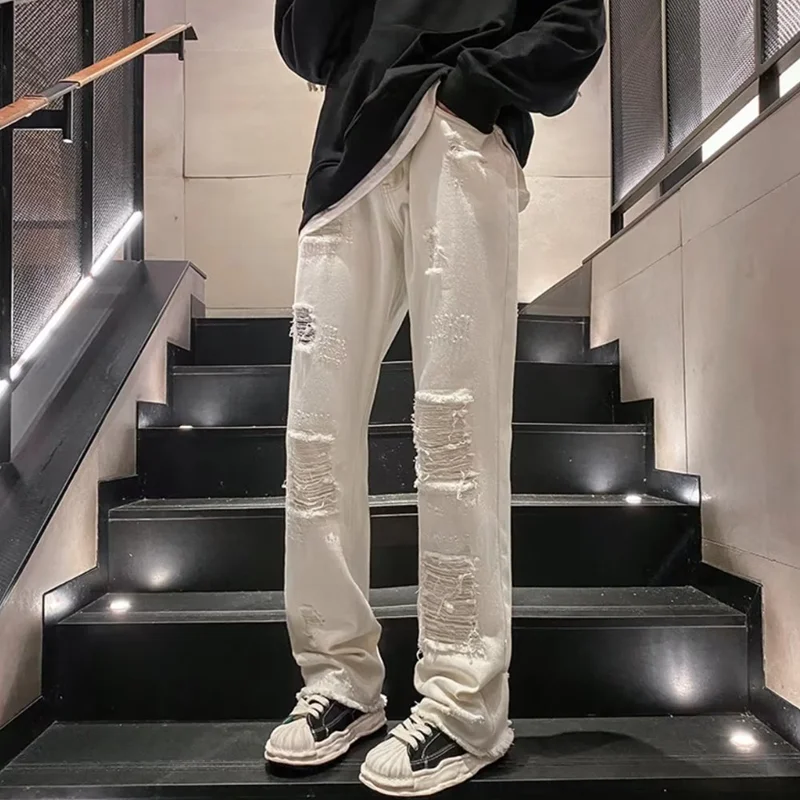 Streetwear Men 2022 New Recreational Comfortable Black Ripped Jeans Loose Temperament Versatile Micro Flare Pants Autumn Female