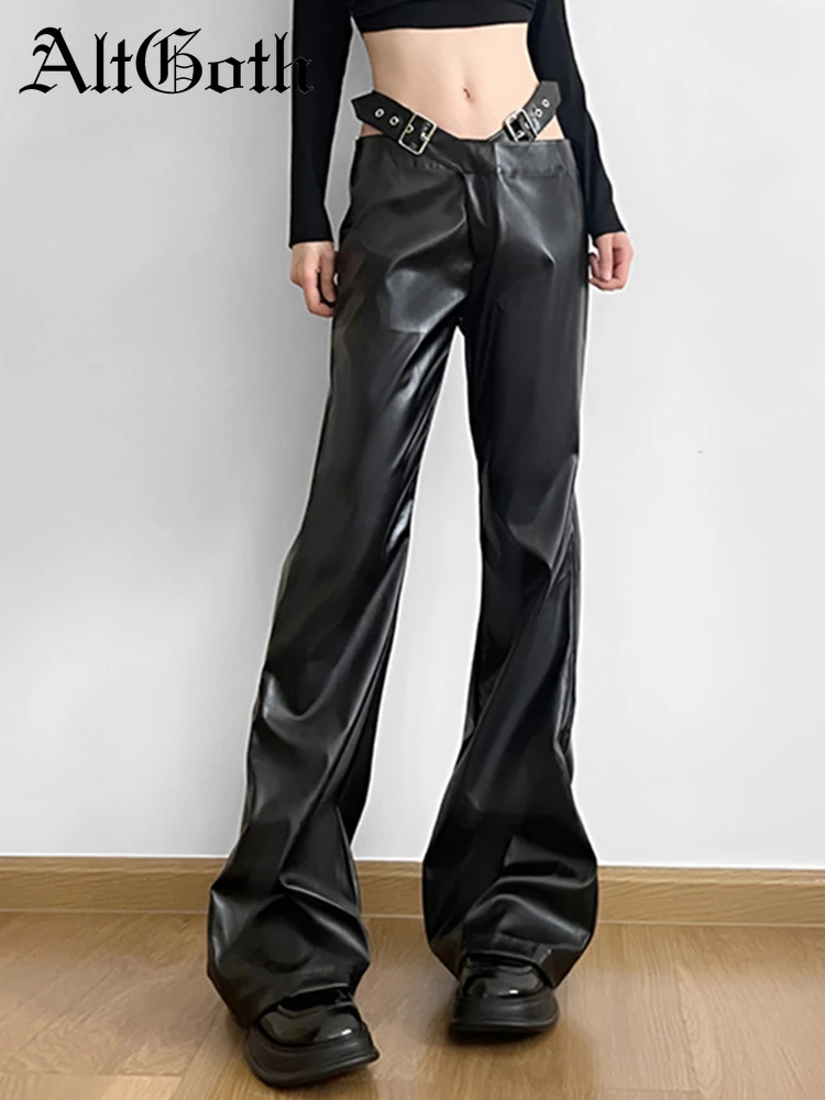 

AltGoth Cyber Punk Y2k Streetwear Pu Pants Women Goth Harajuku High Waist Hollow Out Belt Trousers Emo Alternative Grunge Pants