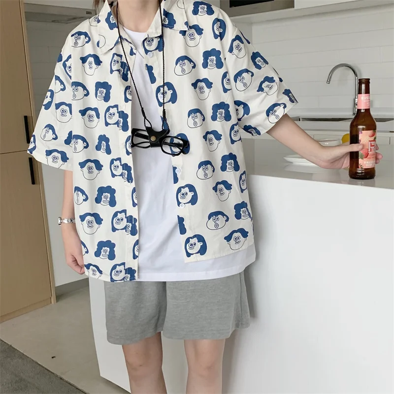 

Summer Retro Fun Print Shirt Women Korean Fashion Loose And Funny Avatar Shirt Student Short Sleeve Top