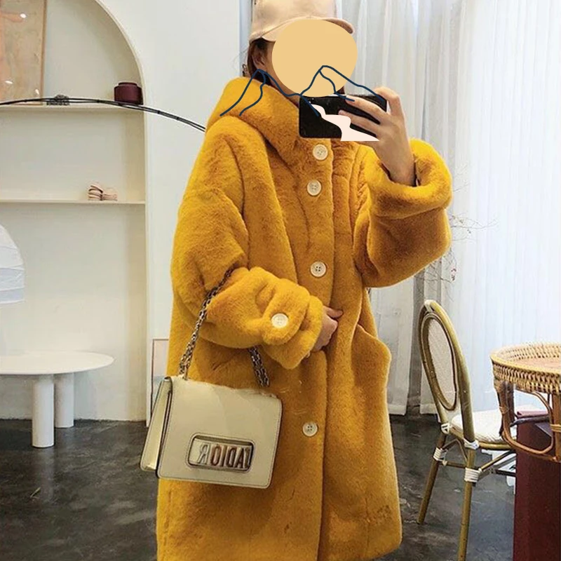 Faux Fur Coat Women's Casual Korean Sweater Furry Thick Sleeves To Keep Warm, Long Faux Rabbit Fur Loose Winter White Fur Coat