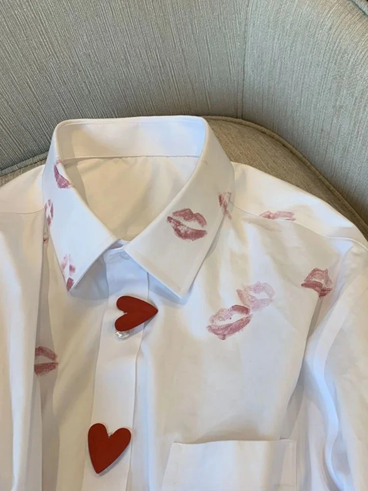 

Deeptown Korean Style Lipstick Print Blouse Women Harajuku Oversized Shirt Elegant Loose Casual All-match Button Tops Streetwear