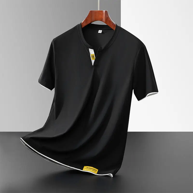 

y2k Clothes Summer Thin Simple Casual Tops Contrast Color V-Neck Ice Silk Quick Dry Loose Short Sleeves Men's Clothing T-Shirt