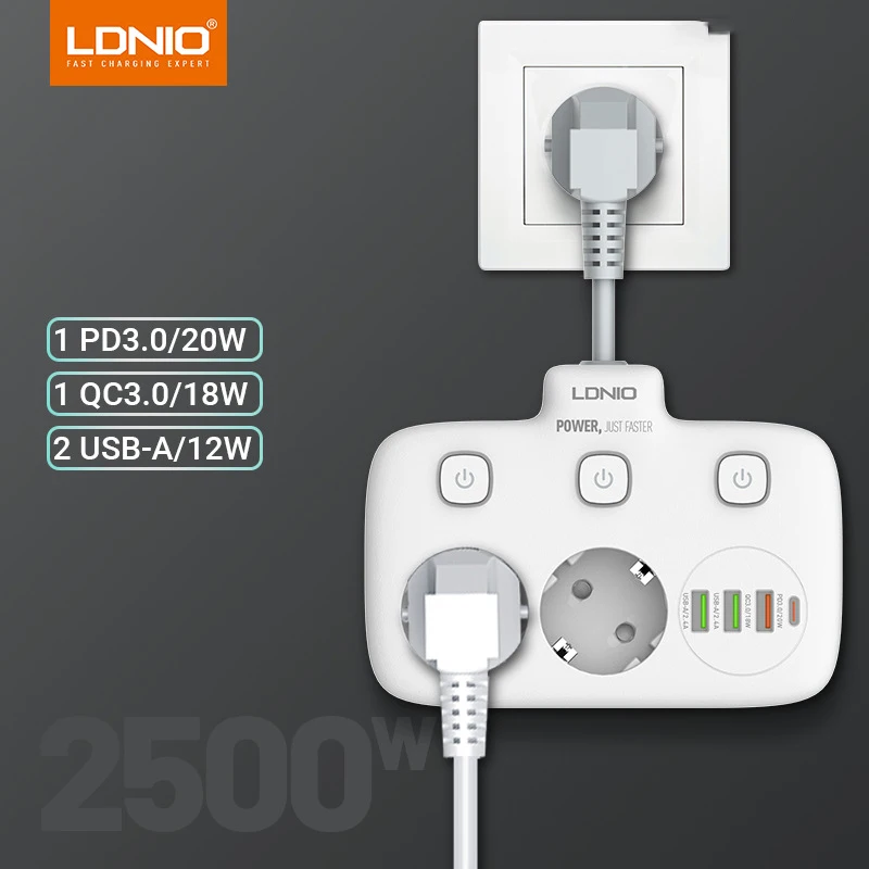 

LDNIO EU Plug Power Strip 2 AD with 3 USB 1 Type-C Port Electrical Socket Universal Outlet Home Office Adapter Surge Protector