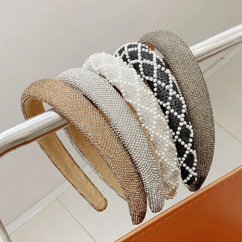

Vintage Baroque Hair Band Full Diamond Crystal Headbands Pearl Rhinestones Sponge Wide Head Hoop Fashion Hair Accessories DIY