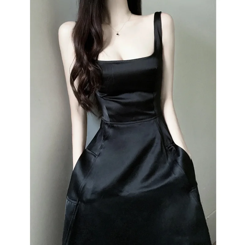 

Summer Black Dress Women's Straps Dress Sleeveless Sexy Backless Fashion Advanced Sense Real Silk Suspender Simple Skirt Dress