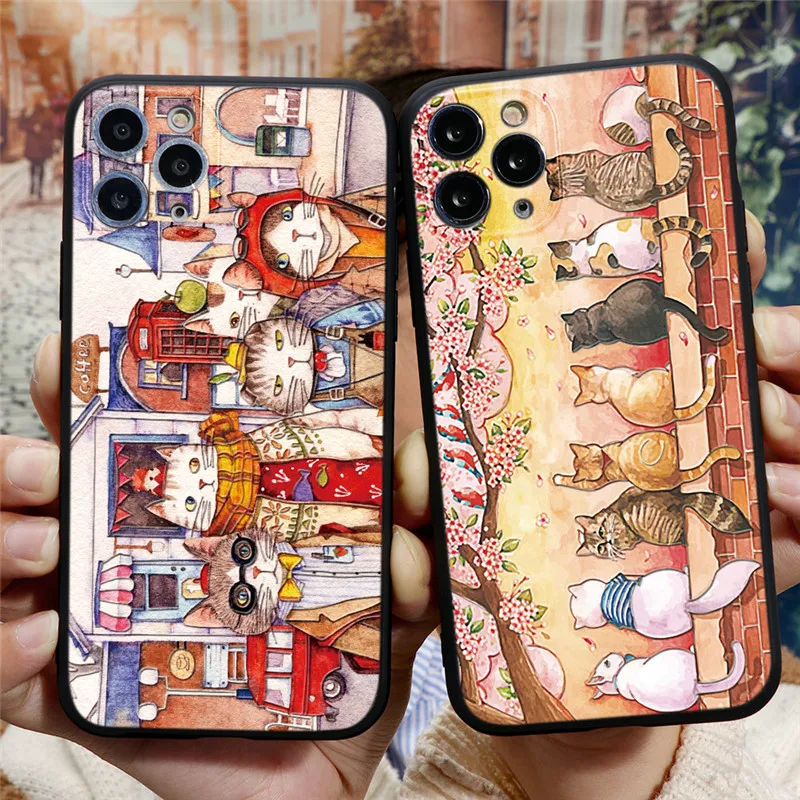 

Cartoon Cats Case For iPhone 12 11 13 14 Pro XS MAX 7 8 Plus TPU Couples Cover For iPhone XR X SE 2020 Coque Capa Soft