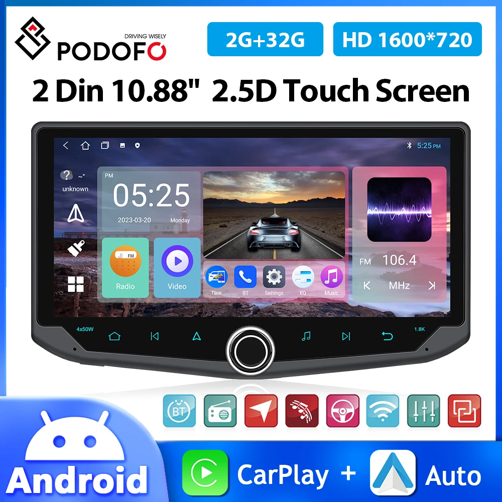 

Автомагнитола Podofo 2DIN, 10,88 дюйма, Android, 2 + 32 ГБ, 4 ядра