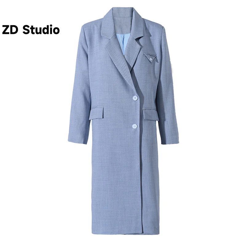 

[ZD Studio] Office Lady Blue Long Blazer Notched Collar Single Breasted Coat Female Tide 2023 Autumn New Streetwear
