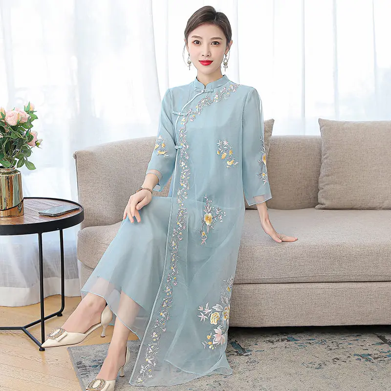 Cheongsam Dress Retro Tea Clothing Women 2022 New Spring Hanfu Loose Chinese Style Embroidered Organza Qipao Elegant Robes H605