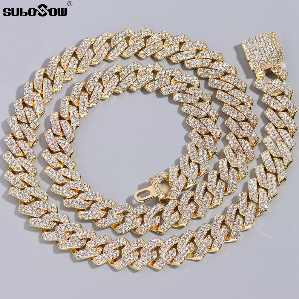 Купи HipHop Men Women 14MM Prong Cuban Link Chain Necklace Bling Iced Out 2 Row Rhinestone Paved Miami Rhombus Cuban Necklace Jewelry за 149 рублей в магазине AliExpress