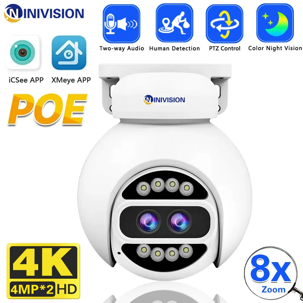 

4K 8MP 2K 4MP PoE PTZ IP CCTV Camera Video Surveillance Security Outdoor 8x Digital Zoom Two-Way Audio Street Color For POE NVR