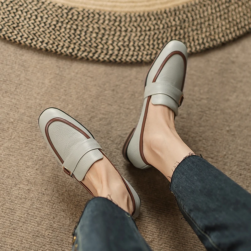 Concise Comfortable Women Flats Working Casual Metal Buckle Mixed Colors Genuine Leather Shoes Woman 2023 Spring Summer New
