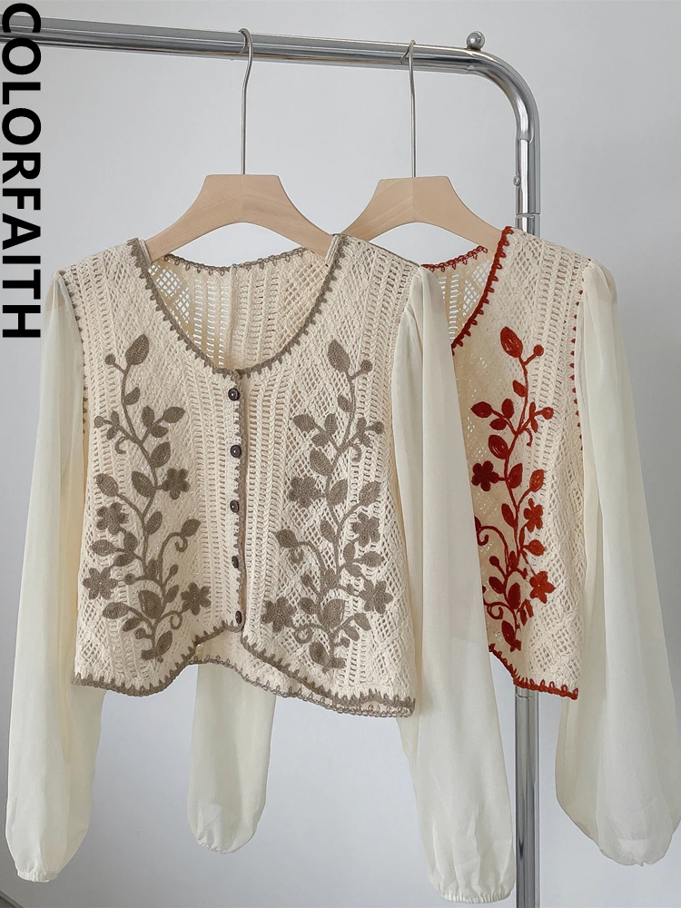 

Colorfaith Новинка 2022, шикарная корейская мода, Лоскутная шифоновая рубашка с вышивкой и вырезом, Женская весенне-летняя блузка, женские топы, ...